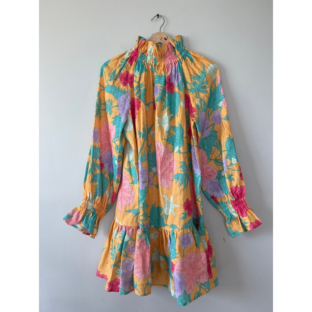 NEW Ephemera Tiered Mock Neck Garland Smock Colorful Floral Yellow Mini Dress - Picture 2 of 9
